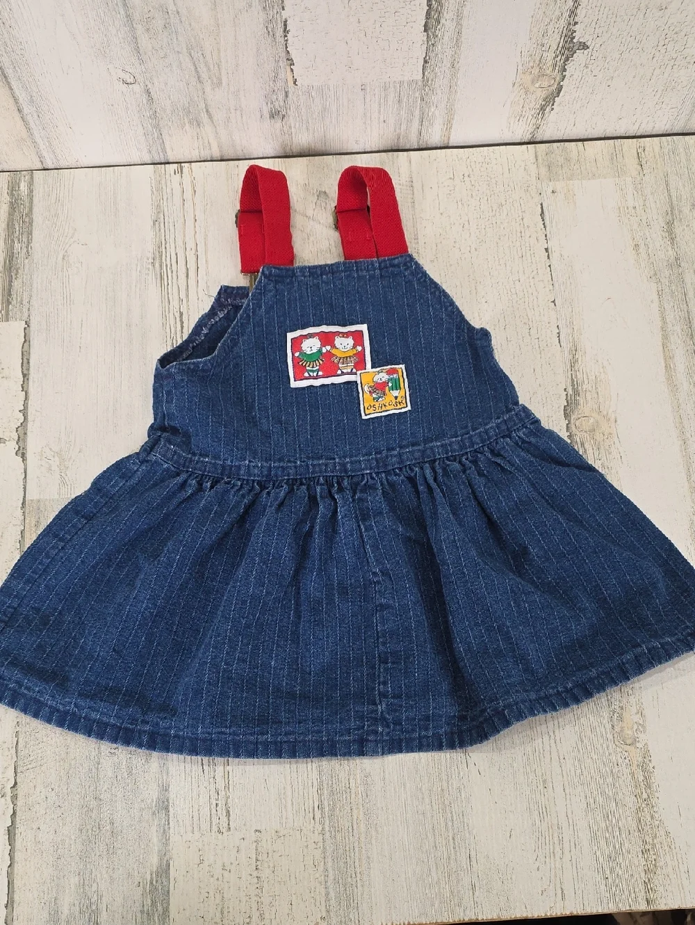 Vintage OshKosh B'Gosh Denim Pinafore Jumper Dress Red Suspender Straps Size 3T